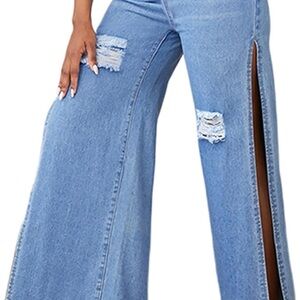 Women's Blue Distressed Wide-Leg Slit  Jeans